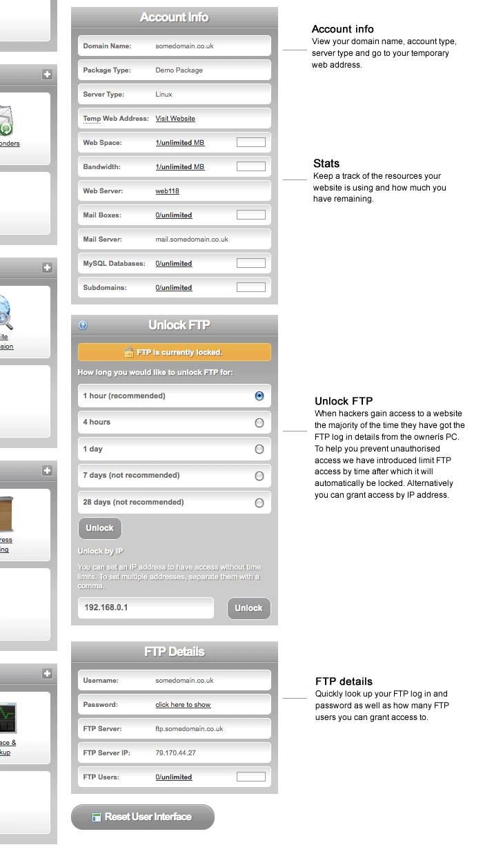 extend side overview Web Hosting Control Panel